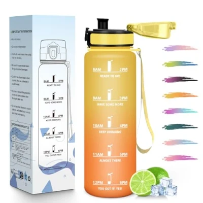 Imagen de HoneyHolly Botella Agua, 1L, Marcador de Tiempo, Portátil, Cantimplora, Reutilizable, Agua Gimnasio, A Prueba Fugas, Cantimplora para Ciclismo, Oficina y Exteriores