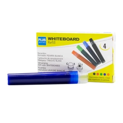 Imagen de Plus Office Rotuladores de Pizarra Blanca con Tinta Liquida Recargable, Punta 2mm, Ideal para Escribir en Cristal, y Otras Superficies Lisas, Borrable (Azul, Recambio)