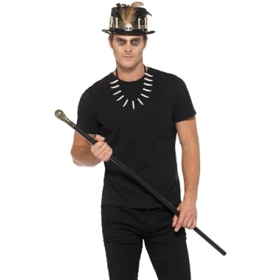 Imagen de Smiffys Kit vudú, con sombrero de plumas, Negro, Bastón calavera desmontable &amp; collar huesos