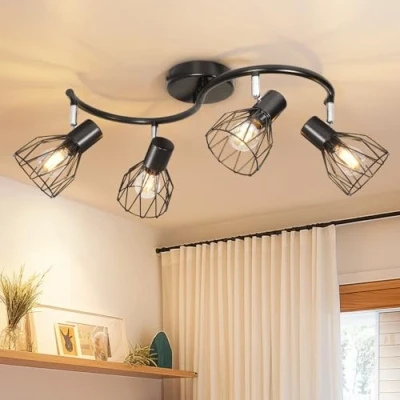 Imagen de Kimjo Lamparas de Techo Salon Orientable 4 Foco Negro Lampara Dormitorio E14 Plafones para LED Focos el Interior No Bombillas