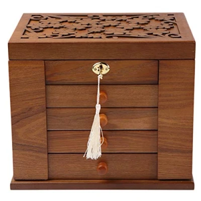 Imagen de Changsuo Joyero de madera para mujer, organizador maciza con cerradura combinada joyas, collares, anillos, alhajero estilo vintage espejo (cereza)