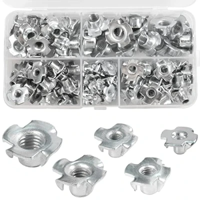Imagen de 90Pcs Tuerca de 4 Puntas, M3 M4 M5 M6 M8 T Nuts, en Cuatro Puntas Acero al Carbono, Dientes, Tuercas Roscadas para Madera, Fijación Muebles, Carpintería