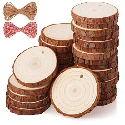Imagen de Rodajas de Madera Diámetro 5 6cm con Agujero 30 pcs Fuyit Troncos Decoracion 10m Hilo Yute y 10mCordel Algodon Apto para Pirograbador Madera, Pintura