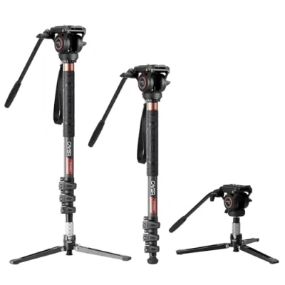 Imagen de Cayer CF34DV Monopod para Video Profesional Cámara telescópica de Fibra Carbono 71 &quot;Monopod con Cabezal Movimiento inclinación Horizontal y Base trípode 3 Patas