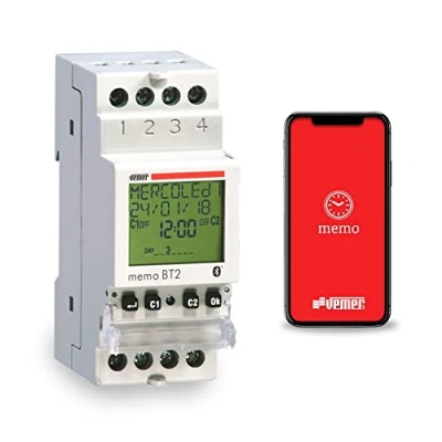 Imagen de VEMER VE767700 MEMO BT2 Temporizador Digital Interruptor Horario y Astronómico, Interfaz Bluetooth Programación a través de la App, Instalación en Carril DIN, Alimentación 230V AC, Blanco