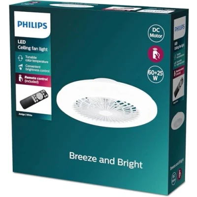 Imagen de Philips Ventilador de Techo Amigo, compacto, motor DC, con Luz led integrada 25W (5500 lúmens), Blanca regulable (3 temperaturas color), control remoto, Blanco