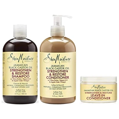 Imagen de Shea Moisture Paquete combinado de aceite ricino negro jamaiquino Sistema fortalecimiento, crecimiento y restauración Champú, acondicionador, mascarilla tratamiento