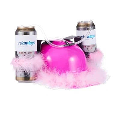 Imagen de Relaxdays Gorra Cerveza Mujer para Dos Latas con Plumas, PVC Poliéster, Rosa, 13 x 32 28 cm