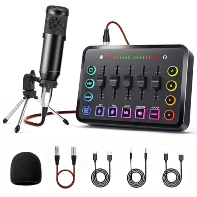 Imagen de LILUOSUO Paquete de dispositivos podcast, tarjeta sonido transmisión en vivo con micrófono condensador, adecuado para grabación podcast y producción video