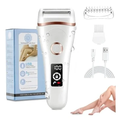 Imagen de maquinilla de afeitar eléctrica para mujer, afeitadora sin dolor en húmedo y seco, recargable mujeres, con pantalla LED piernas axilas