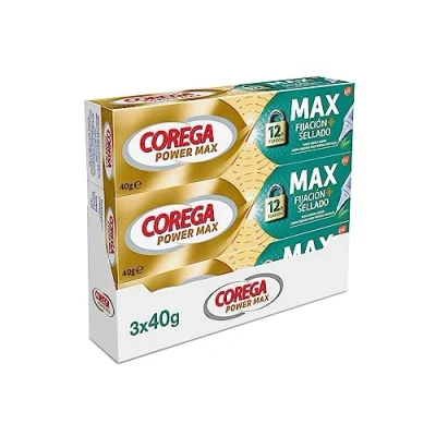 Imagen de Corega Max Fijación + Sellado, Crema Fijadora Para Prótesis Dentales, Hasta 12 horas de Fijación, Sabor Menta, Pack 3 x 40 g
