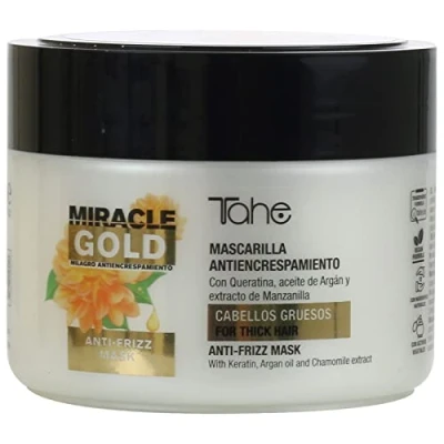 Imagen de Tahe Miracle Gold Mascarilla Antiencrespamiento para Cabellos Gruesos con Queratina, Aceite de Argán y extracto Manzanilla (300 ml)