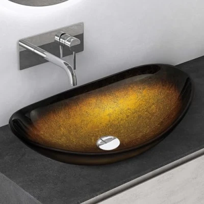 Imagen de Mai &amp; Lavabo sobre Encimera Baño Ovalado Vidrio Dorado 53,5x35,5x16 cm sin Orificio para Grifo Rebosadero Minerva08