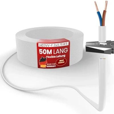 Imagen de Cable Flexible de 5 a 100 m H03VV F 2 x 0,75, Pasa Cables Electricos, Color Blanco (50 m)