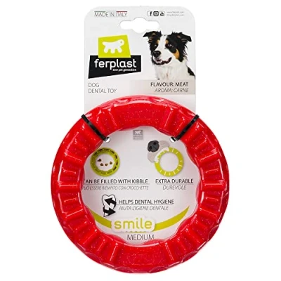 Imagen de Ferplast Juguete Perro, Anillo Dispensador Comida Perros, Croquetas, en Material Duradero para Masticar, Sabor a Carne, Smile Fitness, Juguetes Perros de Tamaño Mediano, Rojo
