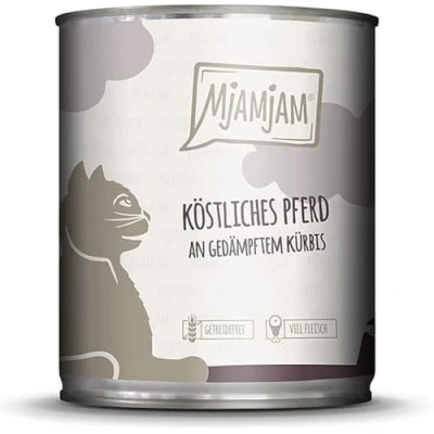 Imagen de MjAMjAM comida húmeda premium para gatos Delicioso caballito sobre calabaza al vapor, pack de 6 (6 x 800 g), sin cereales con extra carne
