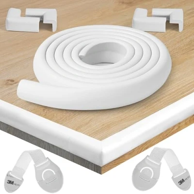 Imagen de HAPPY CHLEA® Kit Protector para Esquinas y Bordes Juego de 4 Cantos Protectores 1 Rollo, Cobertura Total 2,4 M la Seguridad del Niño en Casa + 2 Cierre (Marfil Blanco)