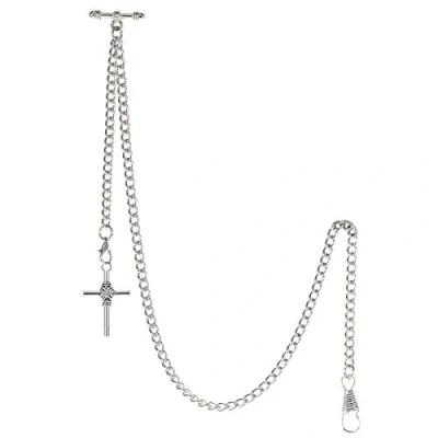 Imagen de TREEWETO Albert Reloj de bolsillo para hombre, 2 ganchos con colgante cruz envejecida, barra en T, plata, Antiguo