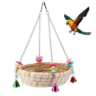 Imagen de Juguete de Loro pájaro,Nido pájaro Loro, Columpio Cama Nido Paja Tejida a Mano Natural con 4 Campanas Metal,Columpio para Pájaros,Loro Encaramado