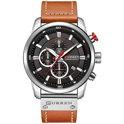 Imagen de Reloj analógico de cuarzo con correa cuero para hombre, estilo clásico, casual, acero inoxidable, impermeable, cronógrafo, fecha, color negro plateado, Plateado negro, Deportes