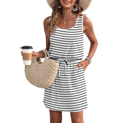 Imagen de WNEEDU Vestido de Verano Las Mujeres sin Mangas Tanque Playa encubrimientos U Cuello cordón Vestidos Rayas Negras Blancas M