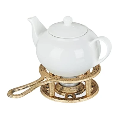 Imagen de Relaxdays Calentador de Té, para Calentar Tazas y Teteras, Hierro Fundido, 1 Vela Pequeña, Retro, Rústico, Dorado, 5 x 22 12 cm