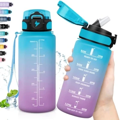 Imagen de Grsta Botella Agua, Agua Niños con Pajita, 500ml a Prueba de Fugas, Reutilizable, Marca Tiempo, Deportiva para la Escuela, Oficina, Gym, Azul Púrpura