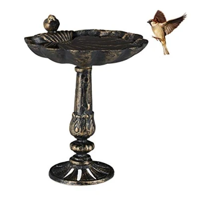 Imagen de Relaxdays Bebedero Pájaros Hierro Fundido, Fuente Aves con Pilar, Bañera Gorriones Jardín, 75,4 cm de Alto, Bronce