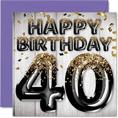 Imagen de Tarjeta de cumpleaños número 40 para hombres, globos negros y dorados con purpurina, tarjetas feliz hombre años, papá, primo, amigo, hermano, tío, 145 mm x mm,