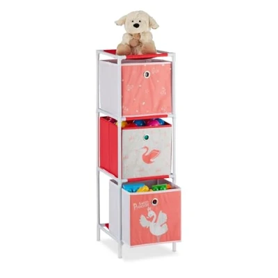 Imagen de relaxdays Estantería Infantil con Tres Cajas, Organizador de Juguetes, Cisnes, Blanco &amp; Rojo, 5x30 cm, Tela no Tejida, 89x27
