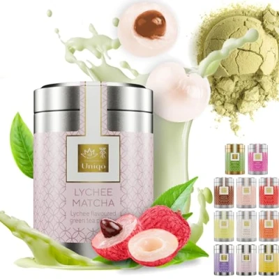 Imagen de Tea Uniqō Uniqo Litchi Matcha polvo Ideal para Bubbletea, hielo o batidos Latte en con sabor a lichi, sin colorantes artificiales lata noble