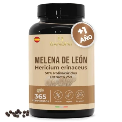 Imagen de Bandini® Melena de León (Hongo Lions Mane) 2000 mg Extracto 25:1 Hericium Erinaceus con Pimienta Negra 50% Polifenoles 365 Comprimidos veganos 1 Año (1 Comprimido Día) Sin Gluten ni OGM