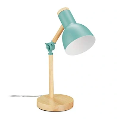 Imagen de Relaxdays Lámpara para Escritorio, Luz Mesita Ajustable Retro, Madera y Metal, Rosca E14, 45,5 x 14,5 cm, Verde