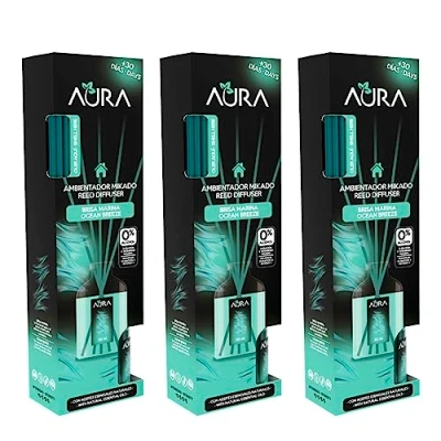 Imagen de AURA Pack 3 Ambientador Mikado con Varillas Aroma Brisa Marina Larga Duración 4 Semanas 0% Alcohol 3x30ml