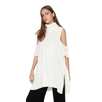 Imagen de Trendyol Chaleco Tejido de Cuello Alto estándar para Mujer Suéter, Crudo, L