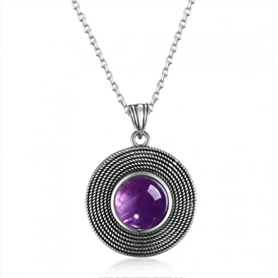 Imagen de ZHUDJ Collar con Colgante de Amatista Redondo Plata Ley 10 MM, Dije Piedras Preciosas Naturales Hecho a Mano para Mujer, Regalo Mujer