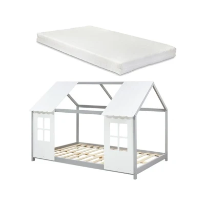 Imagen de Cama para niños tostedt en forma de casa con ventanas y colchón 207x147