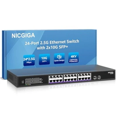 Imagen de 24 Port 2.5G ➕ 2 10G SFP+ Ethernet Switch, NICGIGA 26 2.5Gb Network Switch Unmanaged, Plug &amp; Play, Desktop or 19 Inch Rack Mount, Fanless Metal Design.