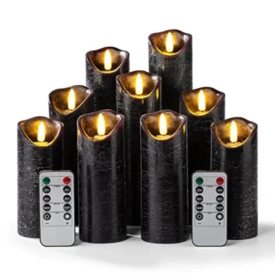 Imagen de Hausware Juego de 9 velas negras con textura regular sin llama, funciona pilas LED cera real parpadeante temporizador control remoto para bodas,Halloween,decoraciones navideñas