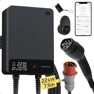 Imagen de dé Estación de Carga Coche Electrico 22kW App [6 32A, Trifásico, 400V] Wallbox con Cable Tipo 2 7,5 m, RFID, RCD B y Protección IP55 para Model Y/3 Otros BEV/PHEV
