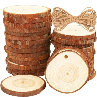 Imagen de 30PCS Rodajas de Madera Círculos, BetterJonny Discos Rebanada Natural Con 10m Cuerda Maderas Naturales Perforado Corteza Árbol para Adornos Halloween Navidad Manualidades,6 7cm