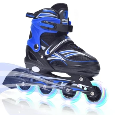 Imagen de ERNAN patines en línea, línea ajustables para niños y adultos con ruedas iluminadas, exteriores niñas, hombres mujeres (azul, S)