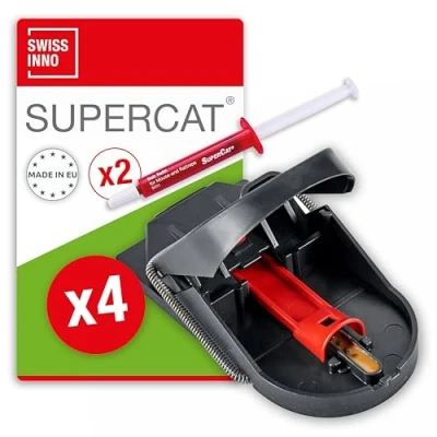 Imagen de SWISSINNO Trampa para Ratones Pro SuperCat, Eficaz, segura y reutilizable con Cebo alimentario, Atrapa mata al instante sin falsas capturas, Seguro niños, 4x Trampas + 2x Jeringas