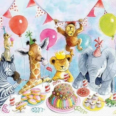 Imagen de Servilletas de papel con diseño animales fiesta, 20 unidades, para decoración mesa, también decoupage y decoupage, 33 x cm