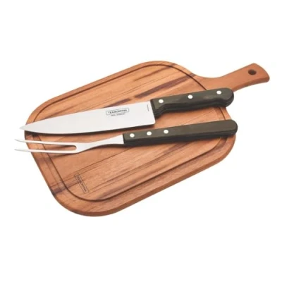 Imagen de Tramontina Juego de Cubiertos Churrasco, para Carne, en Acero Inoxidable y Mangos Madera Polywood Color Castaño, Incluye Tabla, Utensilios con Remaches, 3 Piezas