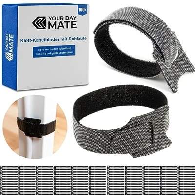 Imagen de 100 bridas de velcro con bucle, 15 cm largo, en negro, nailon, velcro, organizador cables resellable, cierre abrazadera cable