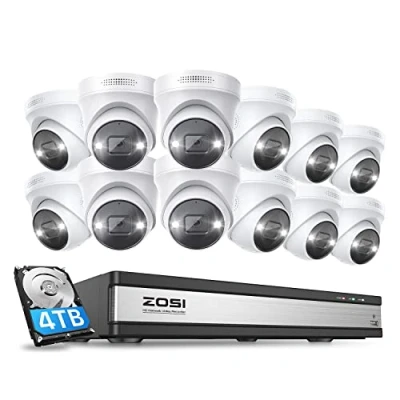Imagen de ZOSI 4K Kit de Cámara Seguridad PoE 16CH 8MP H.265+ Grabador NVR con 12pcs Vigilancia Exterior, Visión Nocturna en Color, Alarma Luz y Sirena, 4TB HDD para Grabación 24/7
