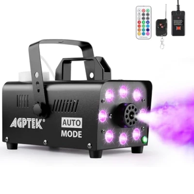 Imagen de AGPtEK Máquina de Humo con 8 LED y 13 Colores luces LED, Efectos RGB, Funcionamiento Separado 2 controles remotos cable e inalámbricos, para Fiestas Navidad, Bodas,Escenarios,Discoteca,DJ