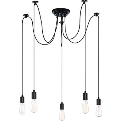 Imagen de iDEGU Lámpara Colgante Retro, 5 Luces de Araña DIY Iluminación E27 con Cables 150cm Regulable Negro Techo Vintage para Salón Dormitorio Comedor Restaurante (5 Foco)