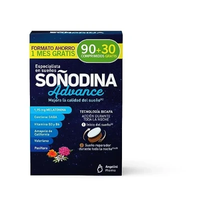Imagen de Soñodina Melatonina Advanced Complemento Alimenticio a base de Melatonina, GABA y extractos vegetales. Ayuda Mejorar la Calidad del Sueño1 , 90 + 30 Comprimidos